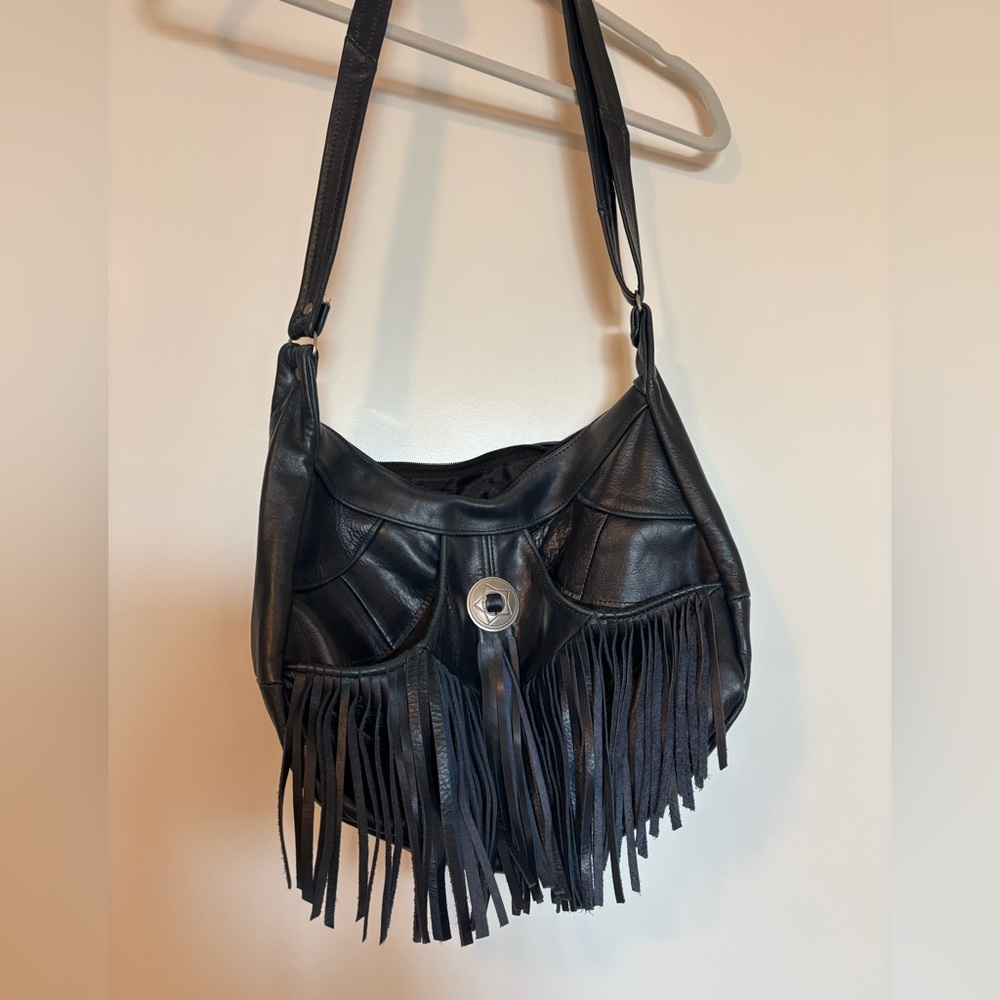 Genuine Leather Fringe Crossbody Bag, Shoulder Bag, Blue - Picture 2 of 7